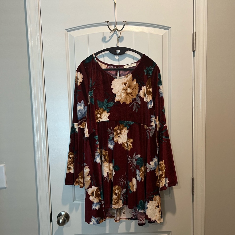 Burgundy Velour Floral Dress with Bell Sleeves